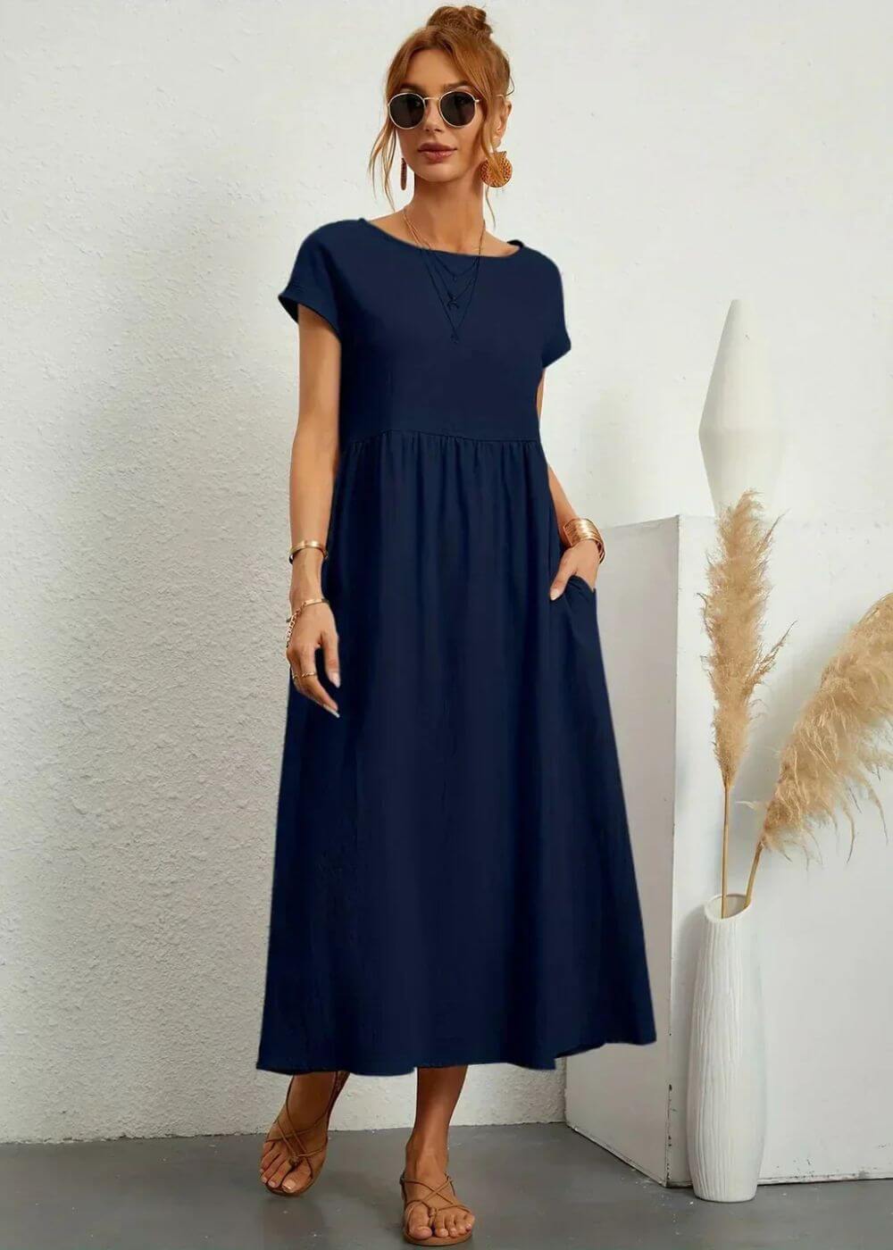 Round Neck Short Sleeve Empire Waist Pocket A-Line Midi Dress