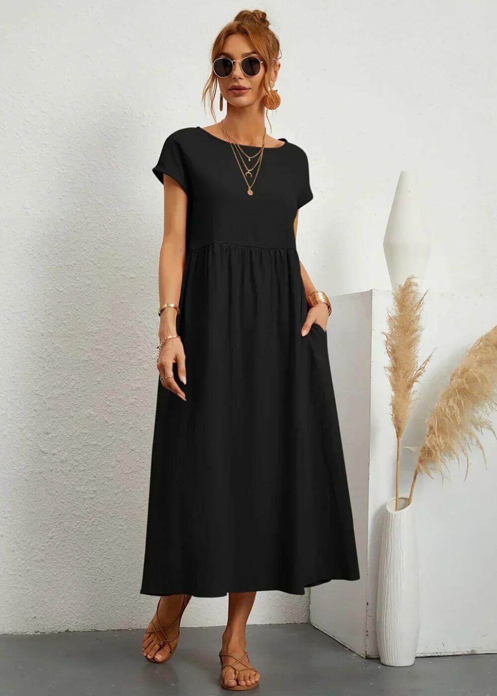 Round Neck Short Sleeve Empire Waist Pocket A-Line Midi Dress