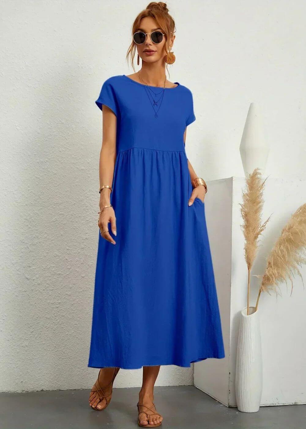 Round Neck Short Sleeve Empire Waist Pocket A-Line Midi Dress