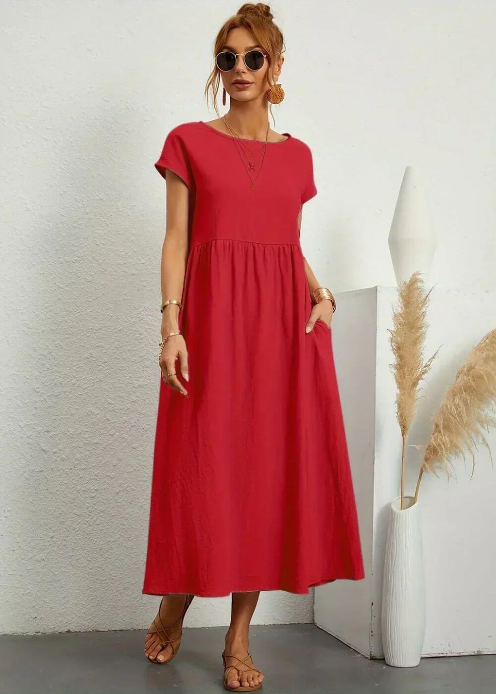 Round Neck Short Sleeve Empire Waist Pocket A-Line Midi Dress