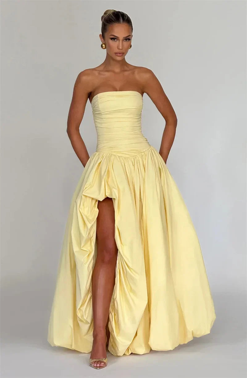 Strapless High Split Lace Up Back Maxi Dress