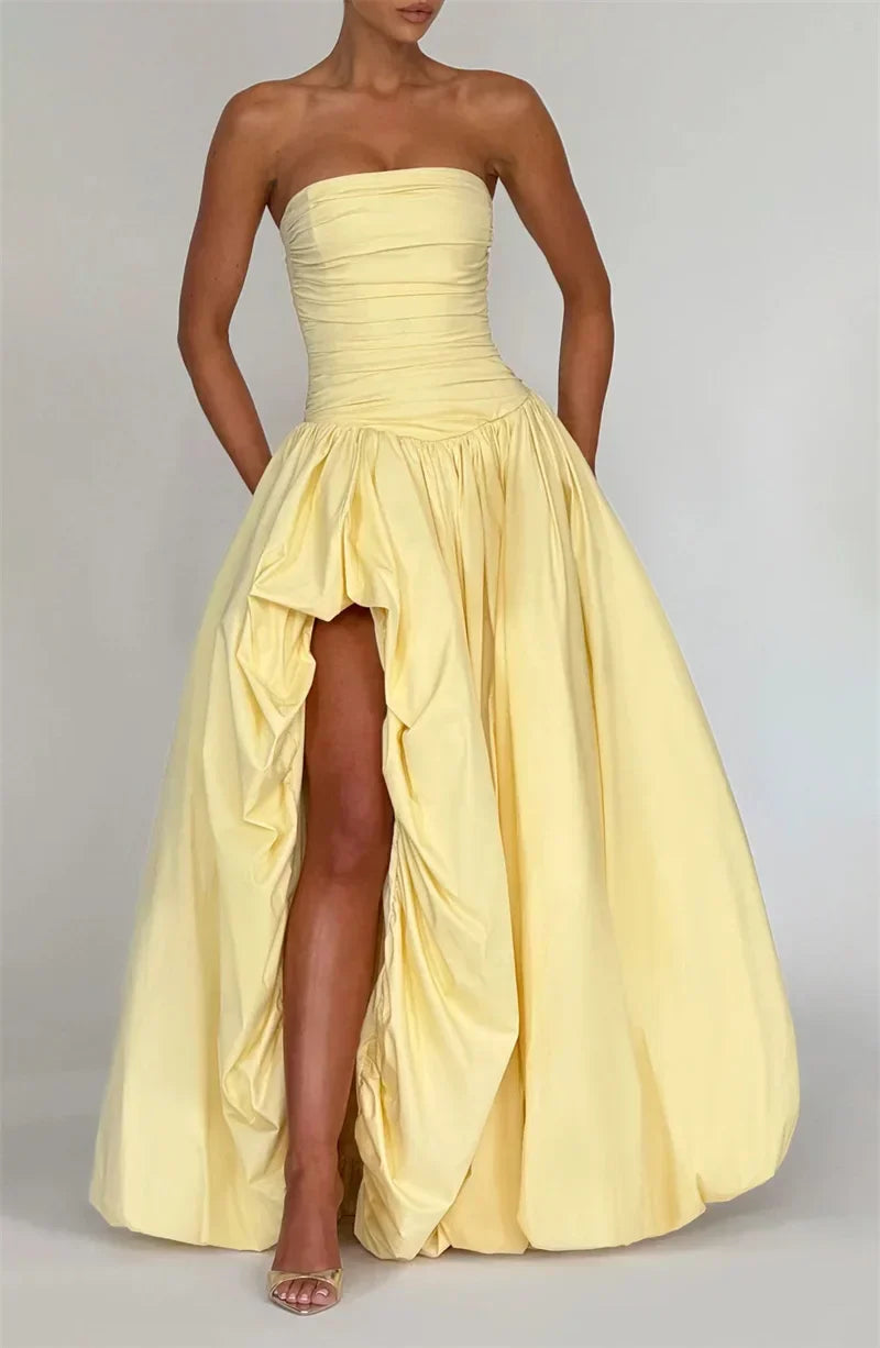 Strapless High Split Lace Up Back Maxi Dress