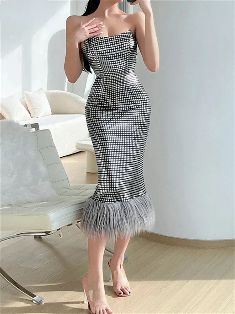 Strapless Backless Evening Party Club Elegant Faux Fur Slim Midi Dress Gray / S