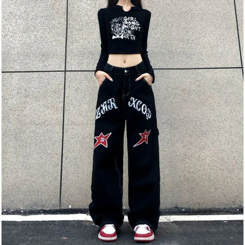 Wide Leg Stars Letter Print Jeans Pants Black / S (40-48KG)