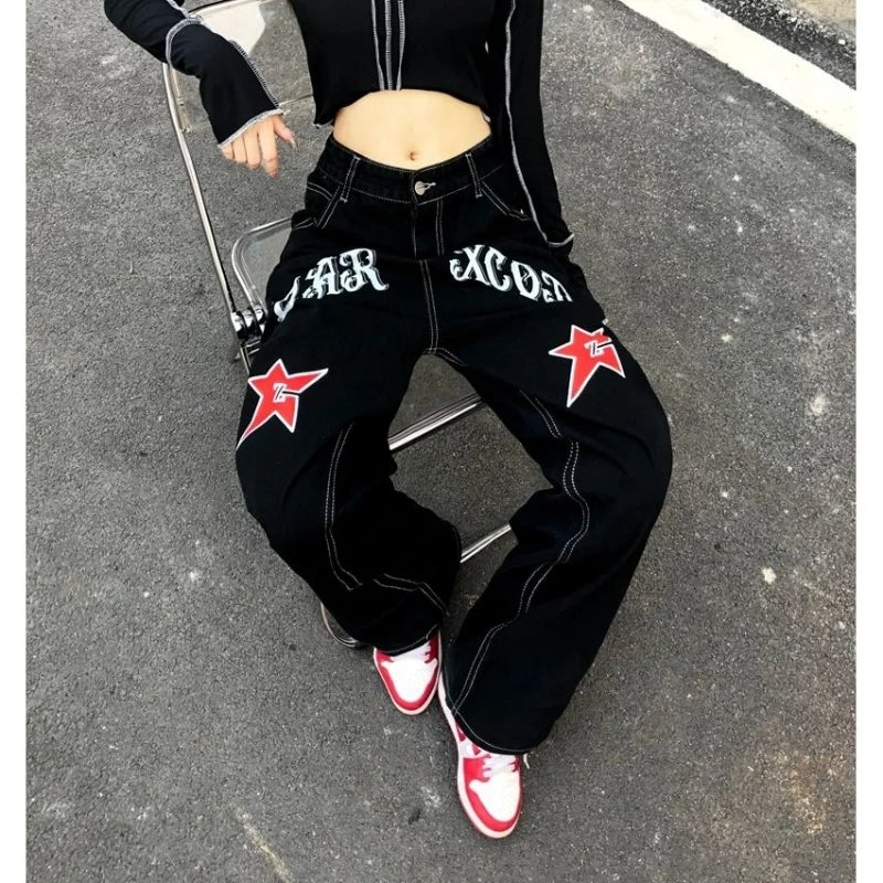 Wide Leg Stars Letter Print Jeans Pants