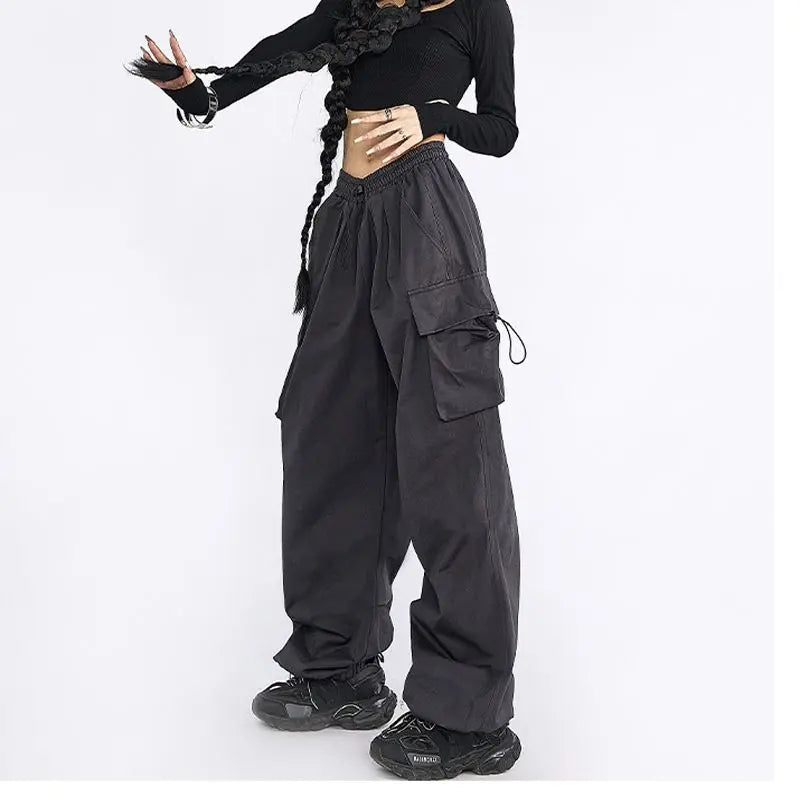 Oversize Solid Cargo Drawstring Pants Dark Gray / S