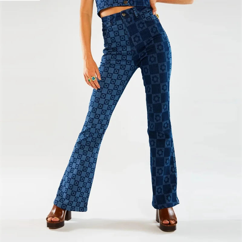 Stretch Fashion Print Women’s High Waist Flare Women Long Summer Casual Streetwear Denim Pant