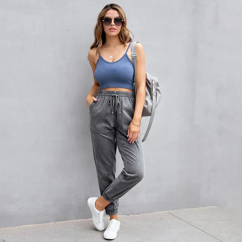 Stretch Women High Waist Wide Leg Casual Fashion Pocket Drawstring Clothing Mom Jean Grey / S