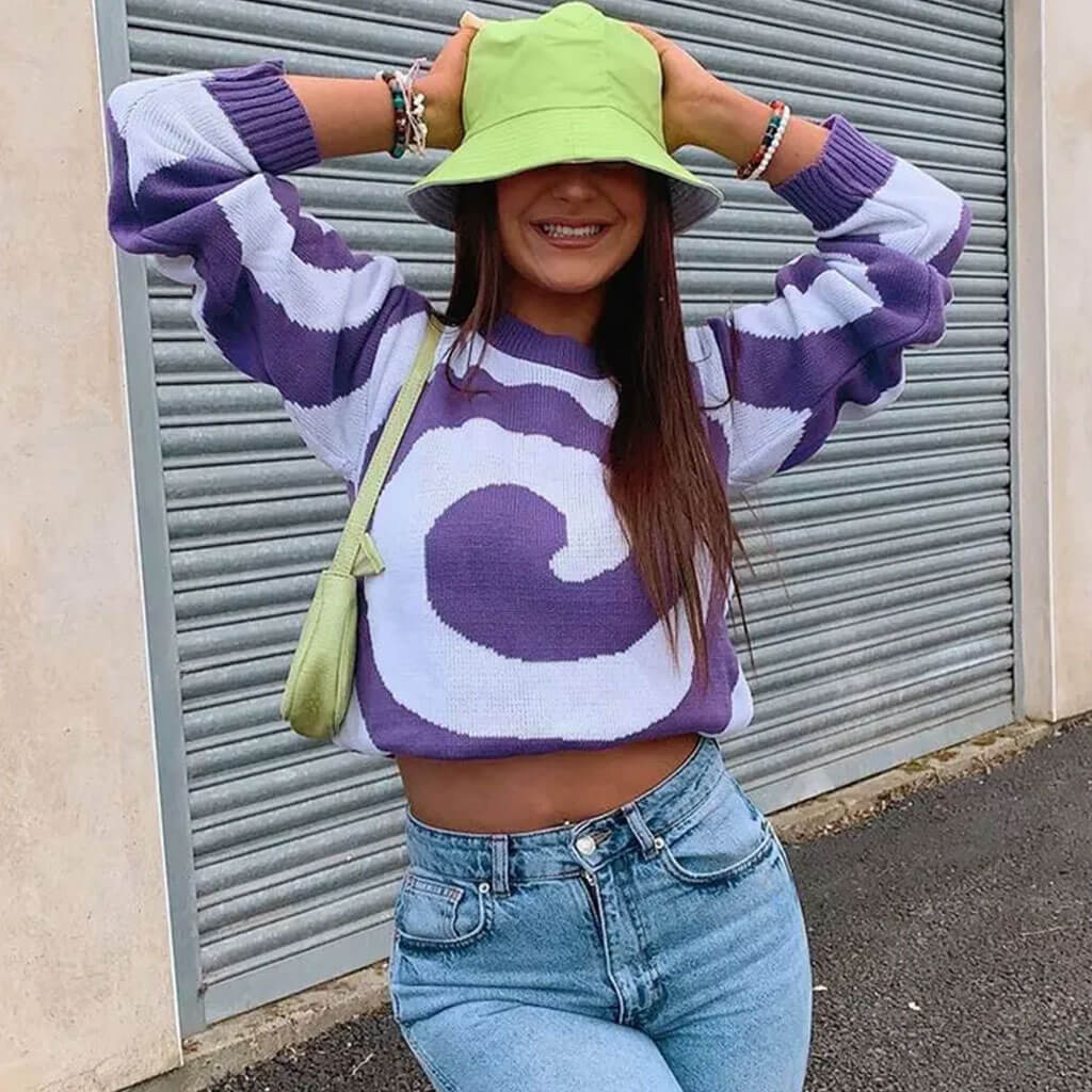 Purple Swirl Pattern Round Neck Drop Shoulder Knit Pullover Sweater