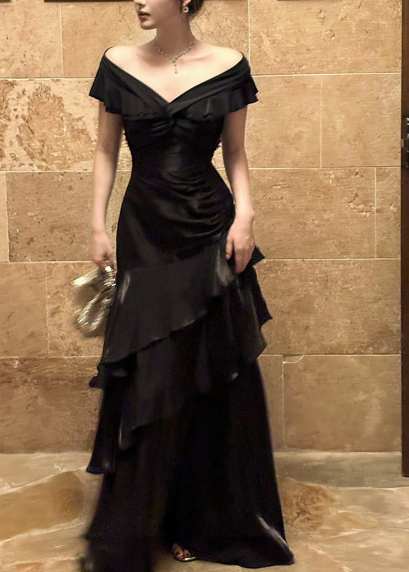 Style Black Slash Neck Ruffled Maxi Fish-Tail Dresses Summer