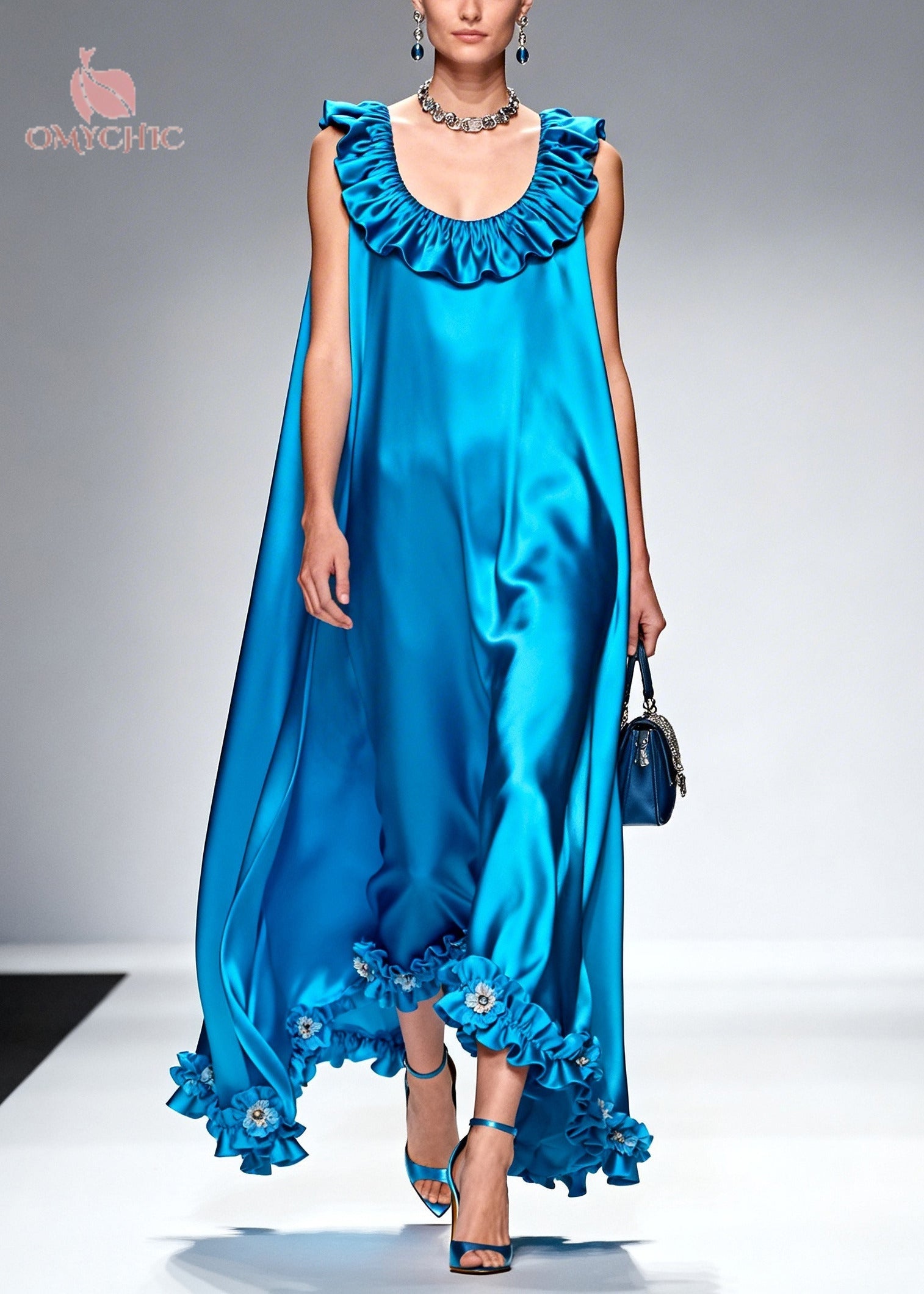 Style Blue Ruffled Floral Silk Robe Dresses Sleeveless