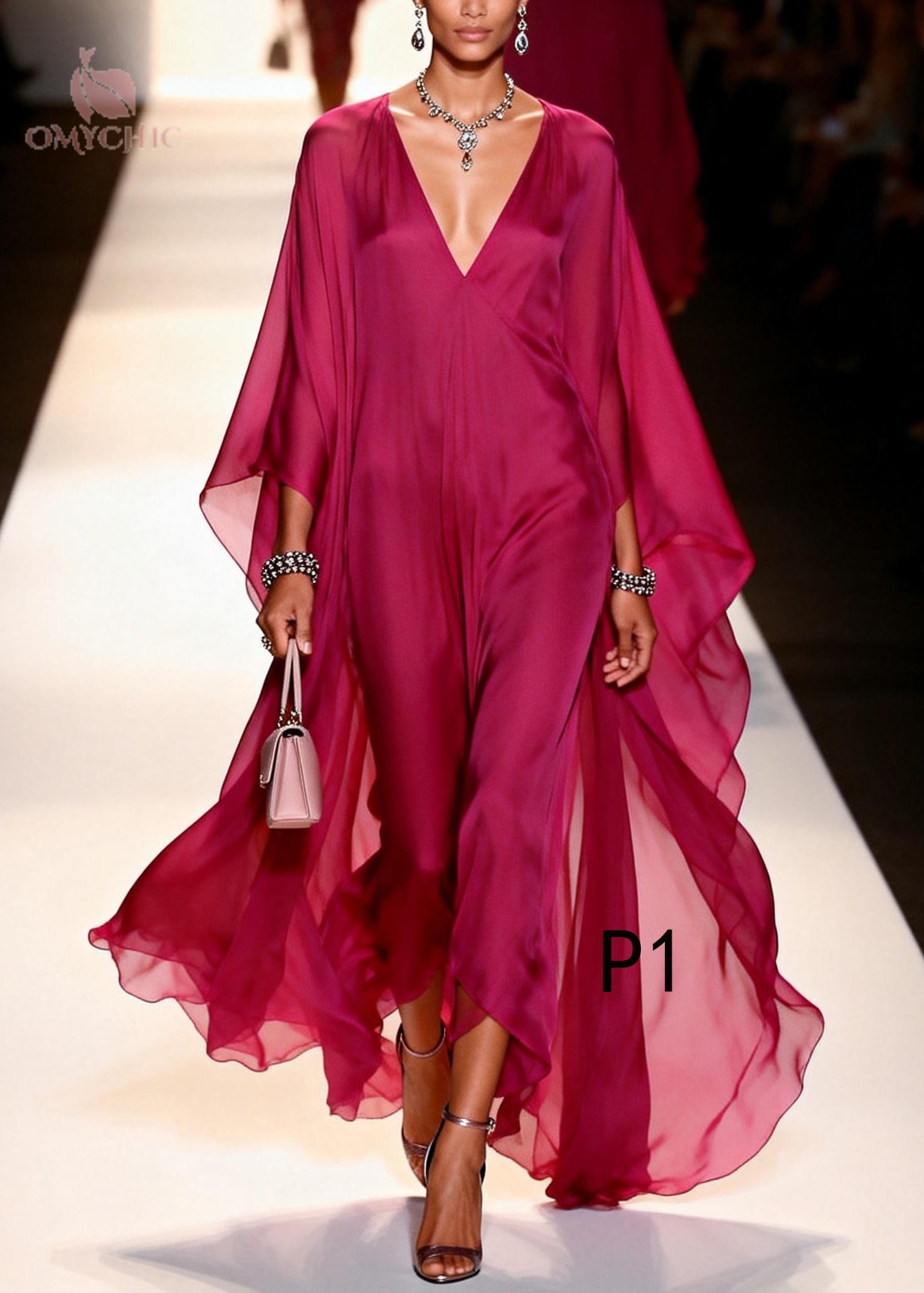Style Mulberry V Neck Draping Chiffon Long Dresses Summer