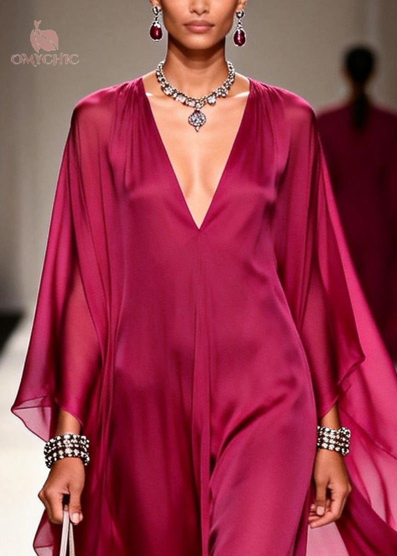 Style Mulberry V Neck Draping Chiffon Long Dresses Summer