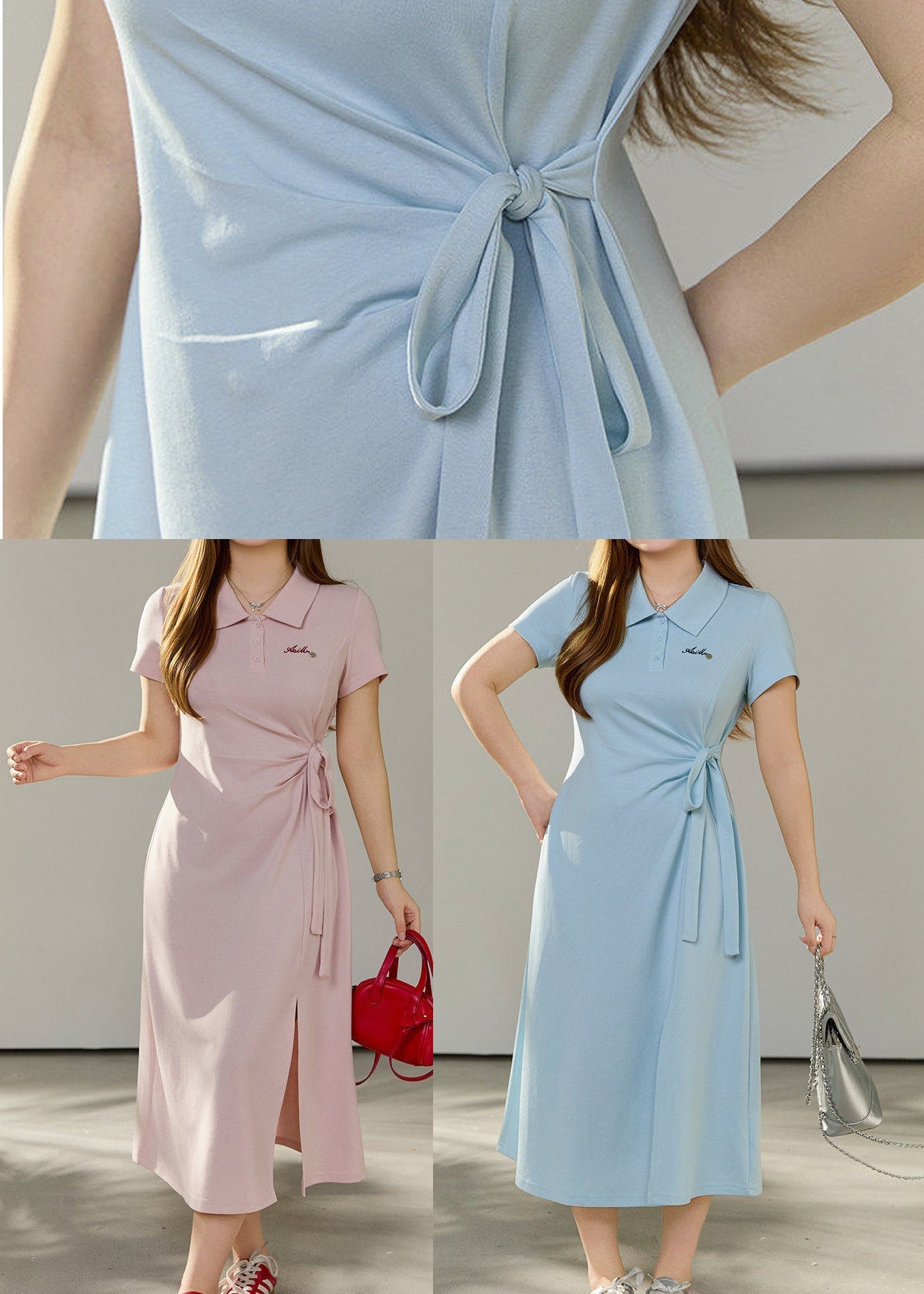 Style Pink Tie Waist Side Open Cotton Dress Summer