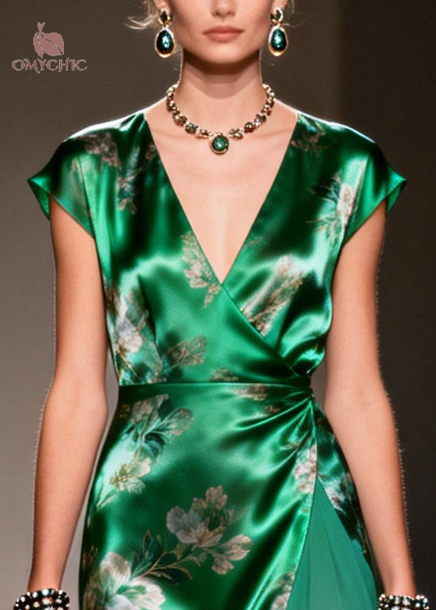 Style Tea Green Print Patchwork Silk Long Dress Summer