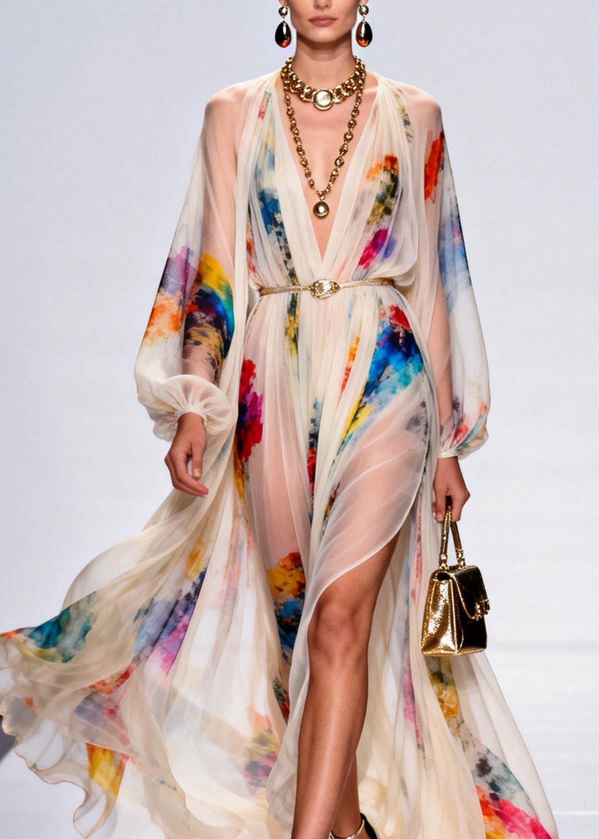 Style V Neck Print Side Open Chiffon Maxi Dress Spring