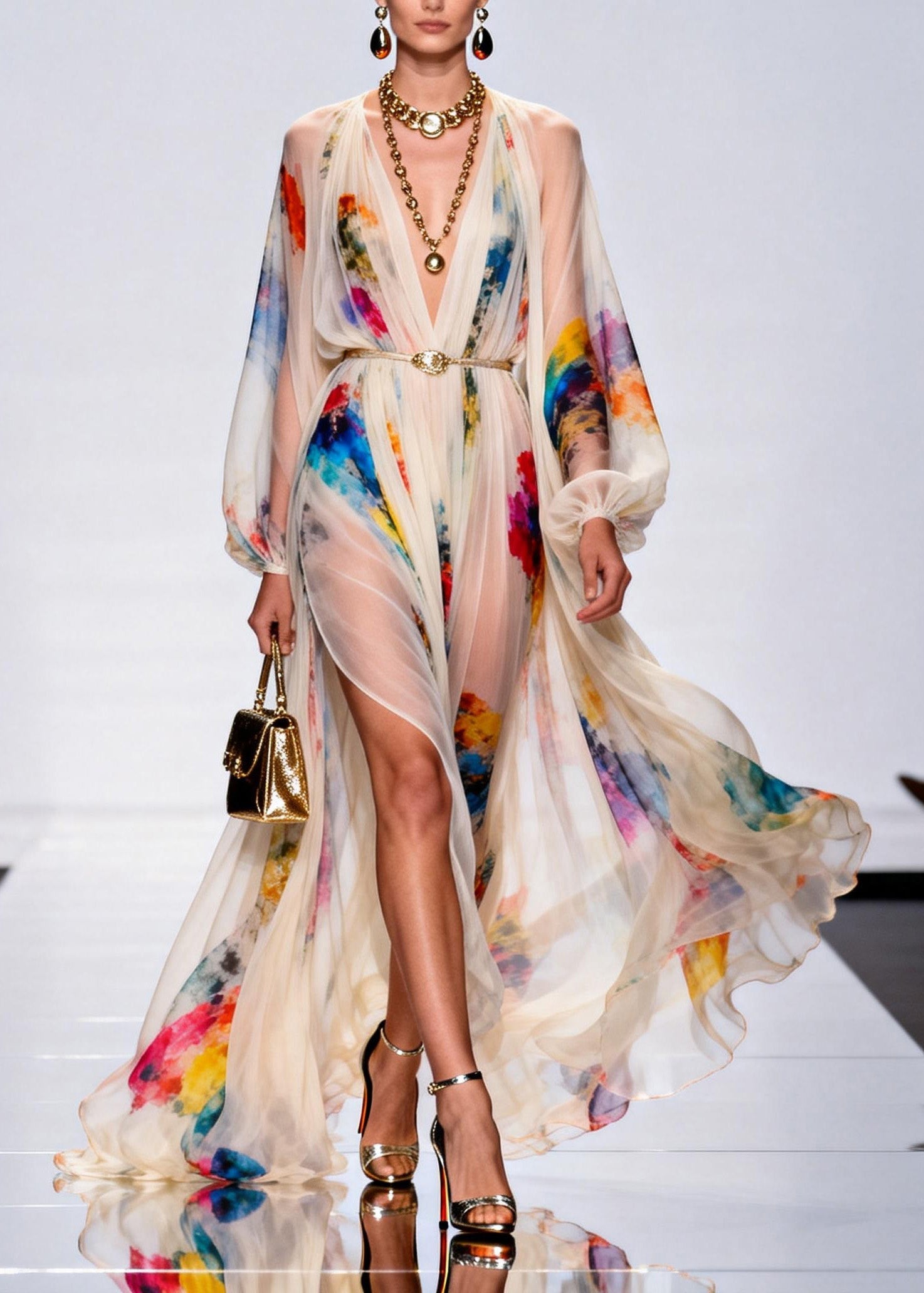 Style V Neck Print Side Open Chiffon Maxi Dress Spring