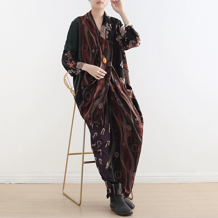 Style V Neck Pockets Asymmetric Robes Photography Green Print Dress Fall