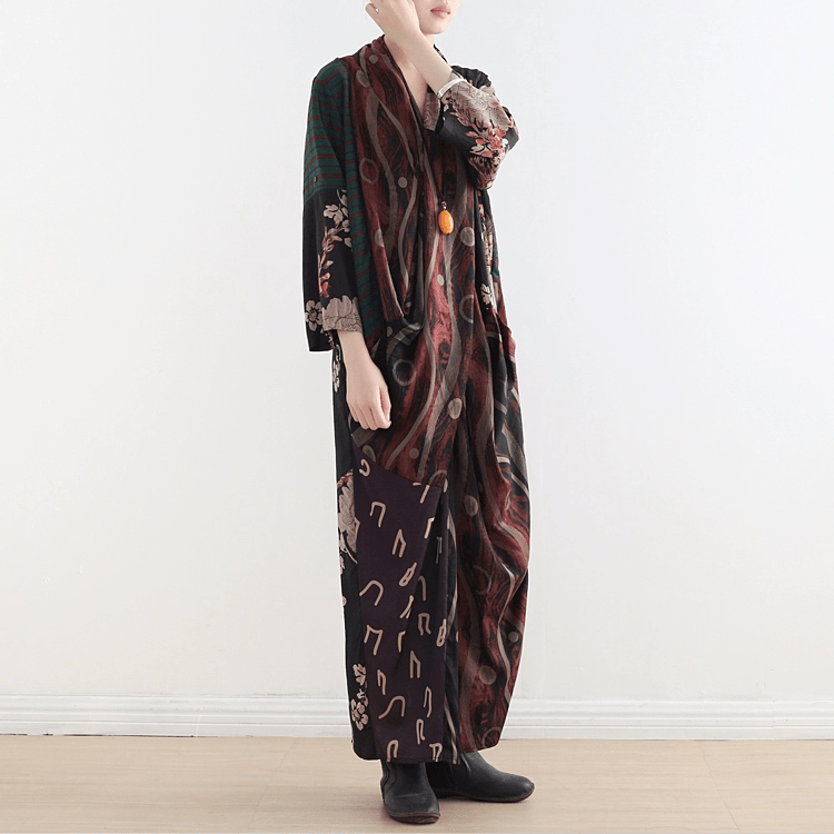 Style V Neck Pockets Asymmetric Robes Photography Green Print Dress Fall