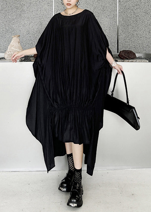 Stylish Black Asymmetrical Patchwork Cotton Dress Batwing Sleeve