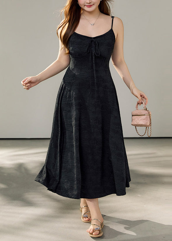 Stylish Black Jacquard Exra Large Hem Cotton Spaghetti Strap Dress Summer