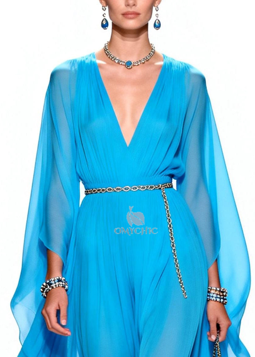 Stylish Blue V Neck Draping Chiffon Maxi Dresses Summer