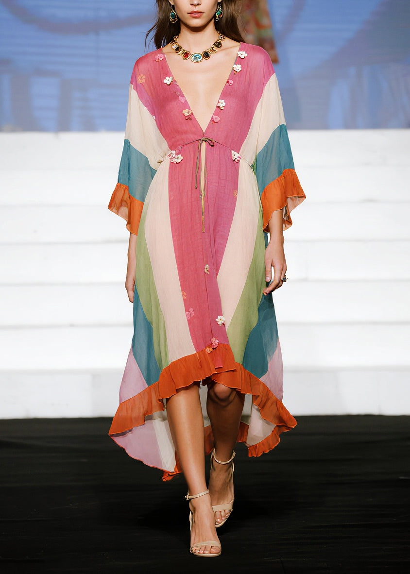 Stylish Colorblock Flower Patchwork Ruffles Cotton Dress Summer
