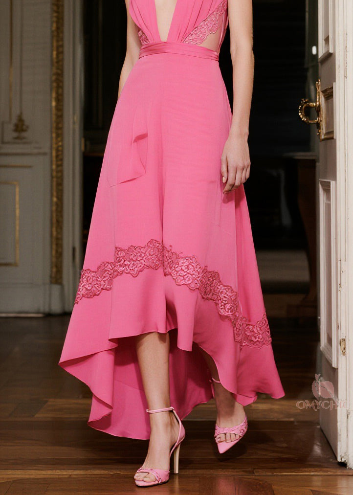 Stylish Pink V Neck Asymmetrical Design Maxi Dresses Summer
