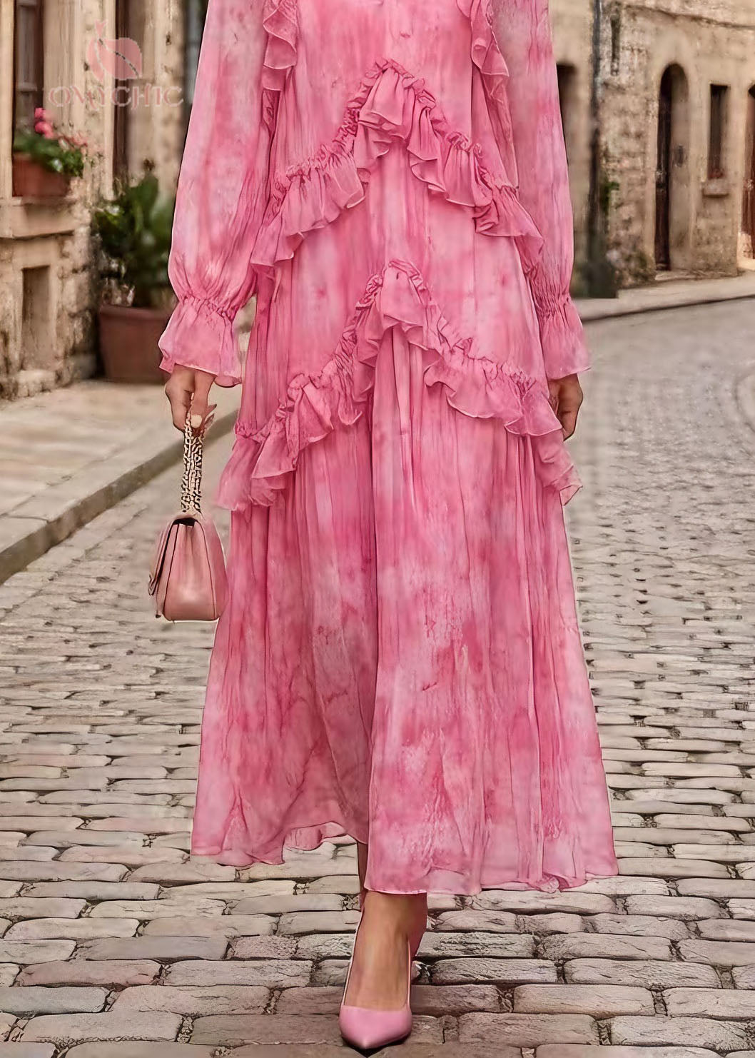 Stylish Pink V Neck Ruffled Patchwork Chiffon Dress Spring