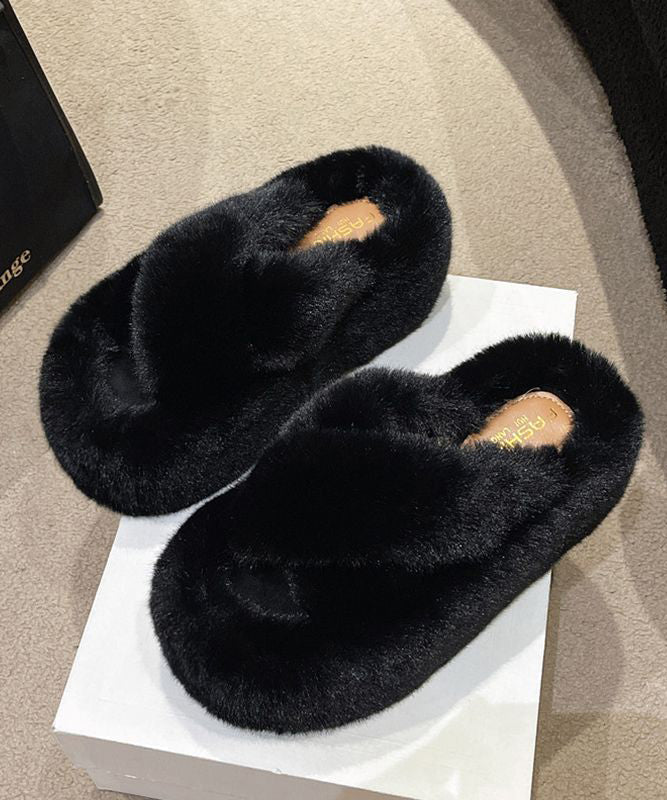 Fuzzy Faux Fur Cross Band Platform Slippers 5