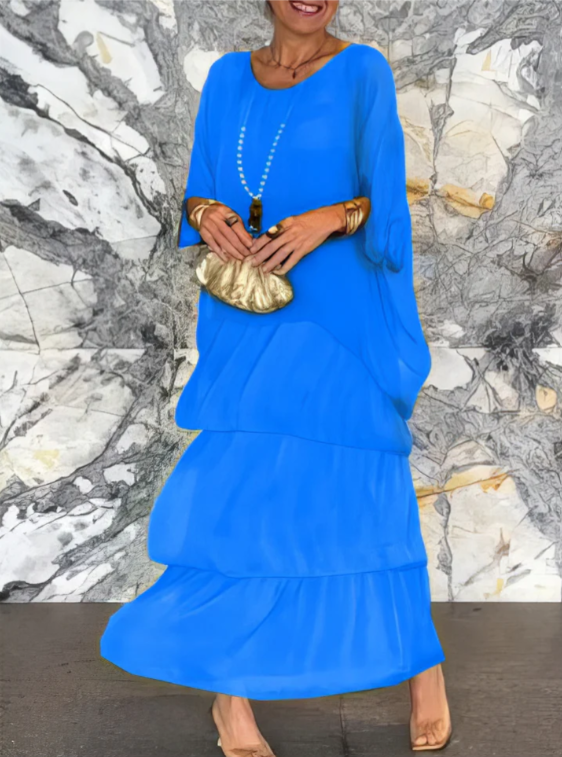 Round Neck Batwing Sleeve Layered Chiffon Tiered Flowy Maxi Dress