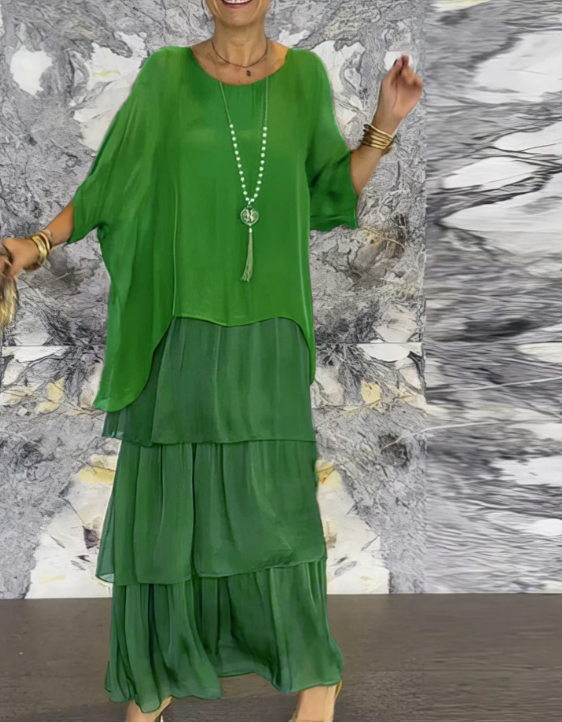 Round Neck Chiffon Layered Batwing Sleeve Tiered Flowy Maxi Dress