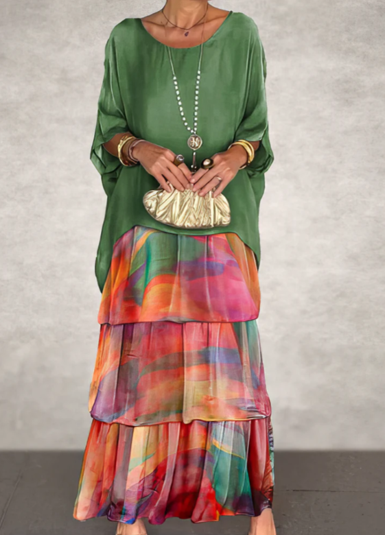 Round Neck Chiffon Layered Batwing Sleeve Tiered Flowy Maxi Dress