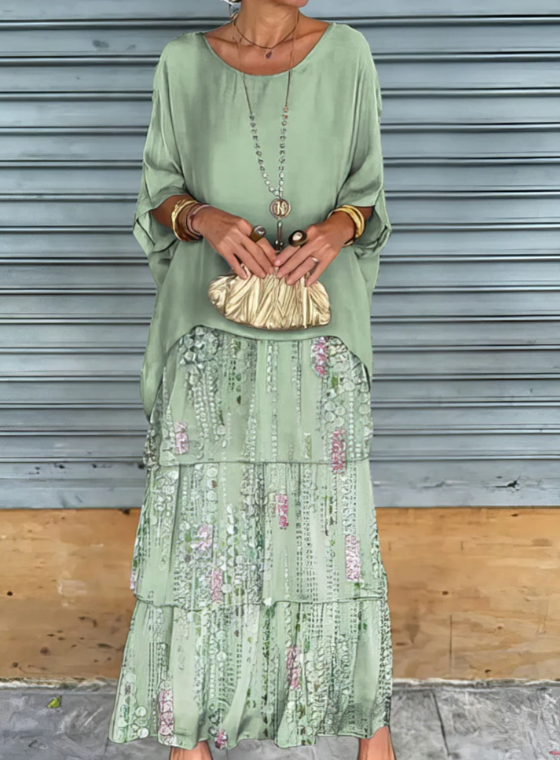 Round Neck Chiffon Layered Batwing Sleeve Tiered Flowy Maxi Dress