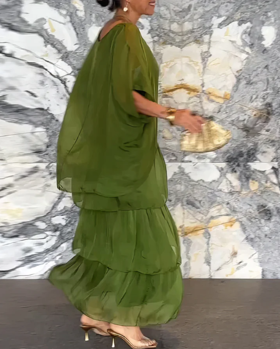 Round Neck Batwing Sleeve Layered Chiffon Tiered Flowy Maxi Dress
