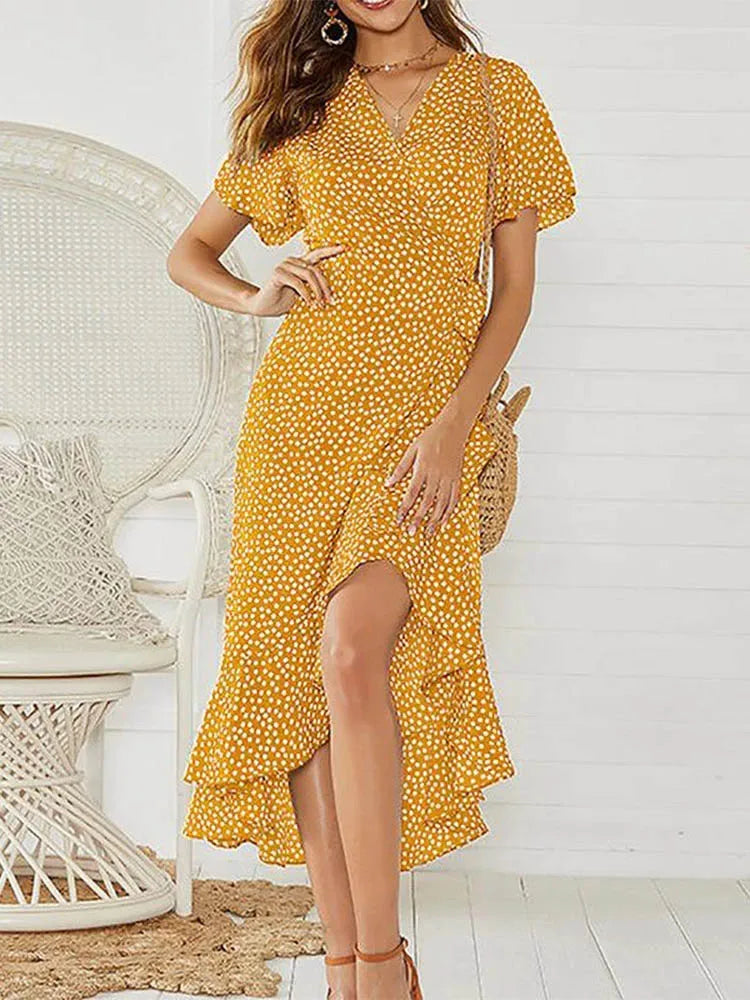 Beach Floral Boho Long Chiffon Ruffles VNeck Sexy Party Robe Midi Dresses