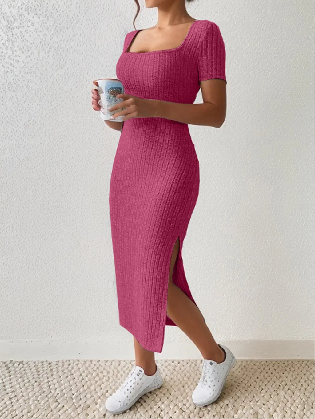 Summer square hipcovering midlength shortsleeved knitted Midi Dresses