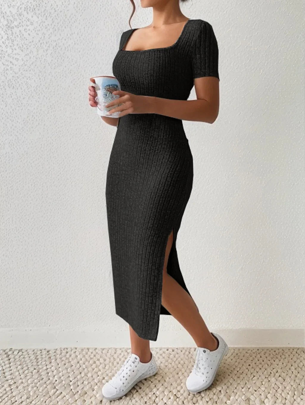 Summer square hipcovering midlength shortsleeved knitted Midi Dresses