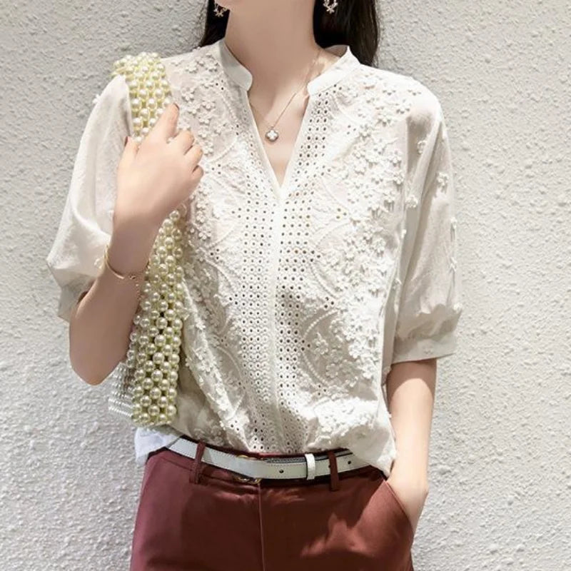 Floral Embroidery Lace Hollow V-neck Blouse