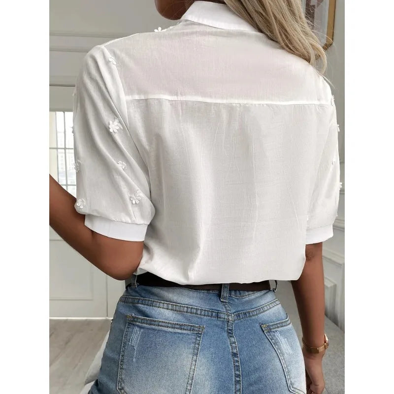 Floral Embroidery Hollow Out V Neck Blouse