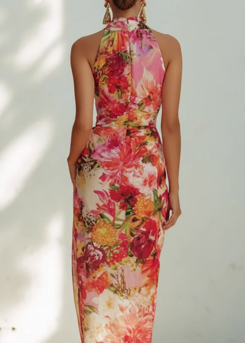 Summer French Style Elegant Print Hanging Neck Sleeveless Chiffon Dress