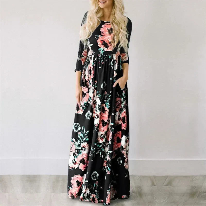 Pink Boho Floral Maxi Floral Dress Black1 / S oldfloraldress-250126