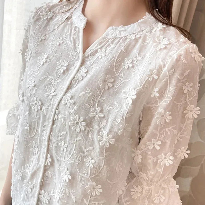 Lace Embroidered Floral Short Sleeve Casual White Blouse