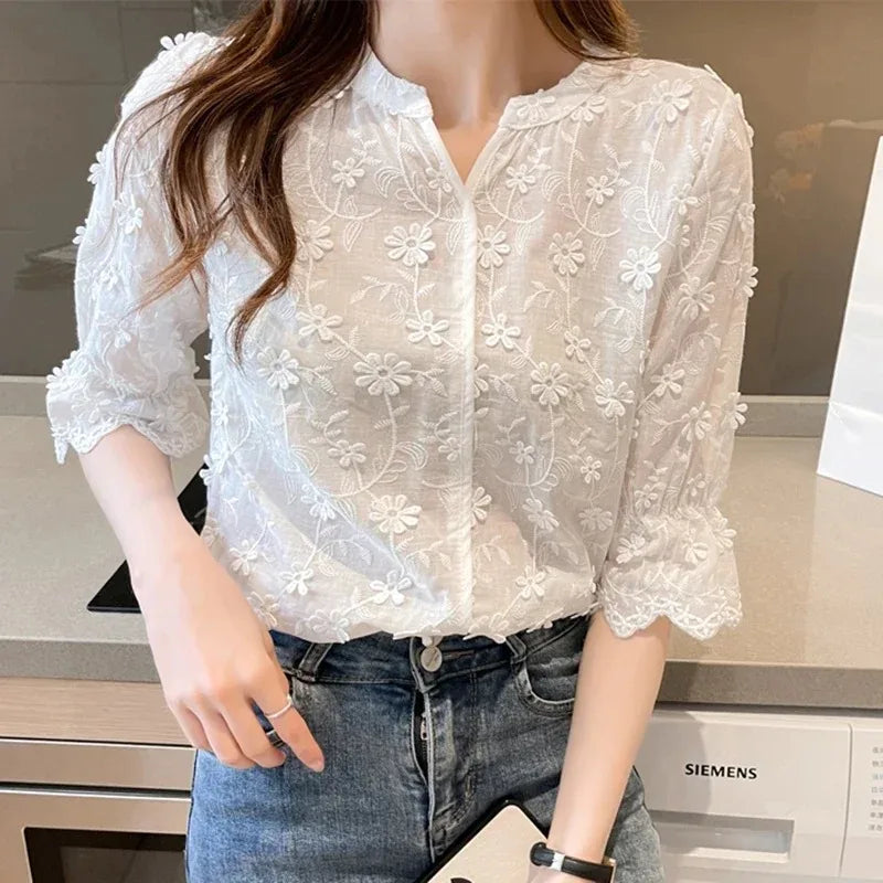 Lace Embroidered Floral Short Sleeve Casual White Blouse