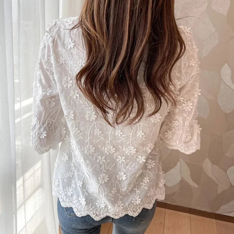 Lace Embroidered Floral Short Sleeve Casual White Blouse