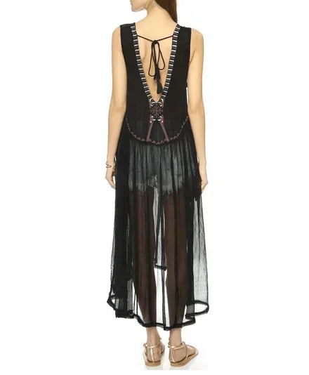 Lace Flare Sleeve Tassel Hollow Maxi Boho Dress