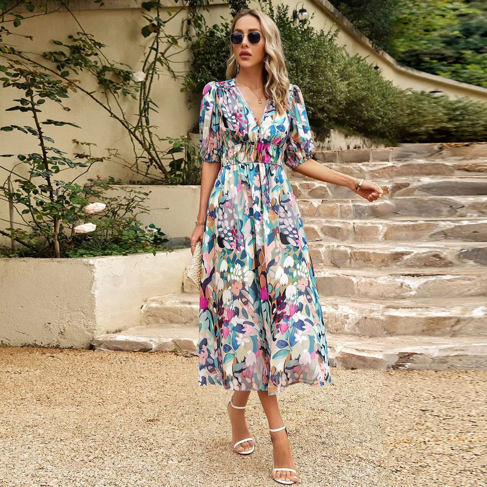 Bohemian Floral A-line Midi Floral Dress Green / S oldfloraldress-250126