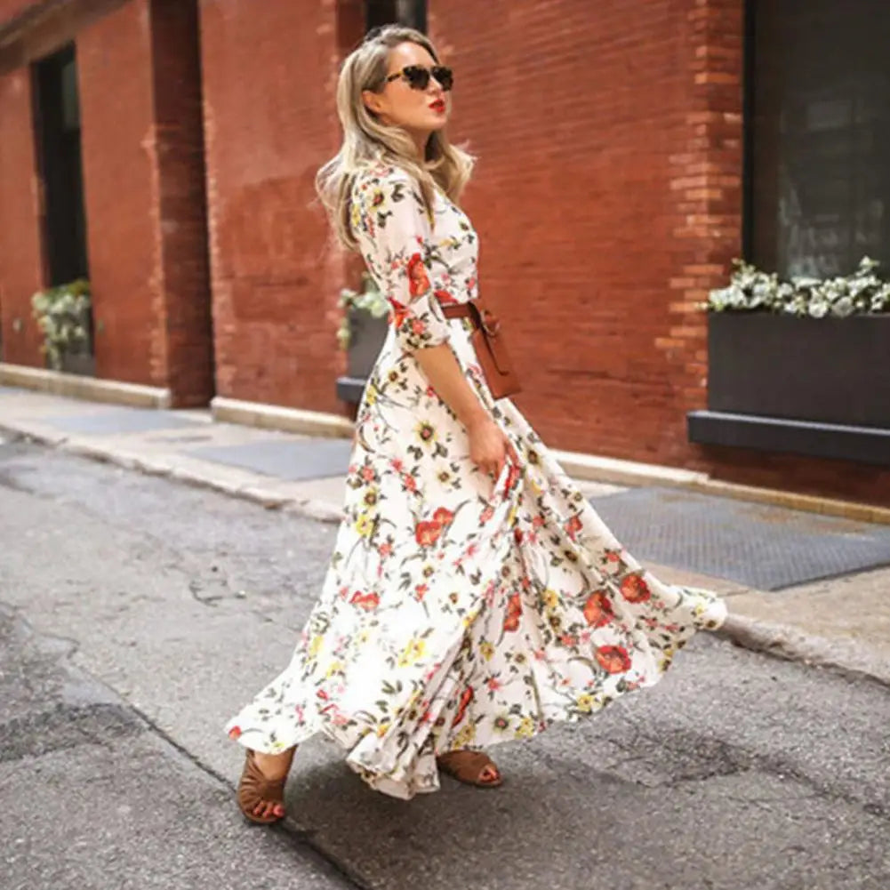 Maxi Dress Flower Print Pleated Swing Evening Dress