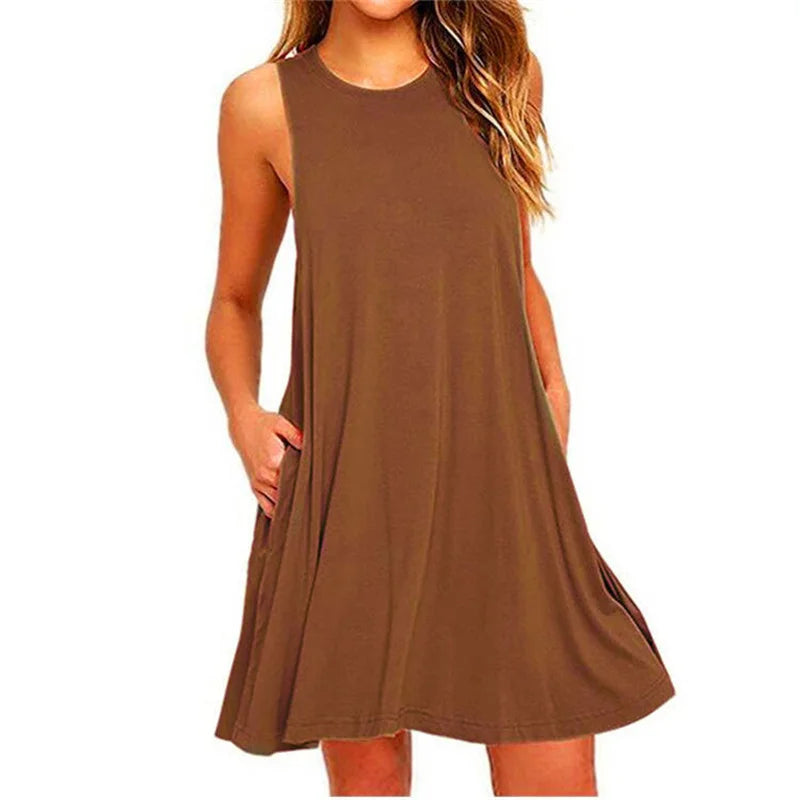 Women Sleeveless Ladies ONeck Club Beach ALine Mini Vestidos Midi Dresses