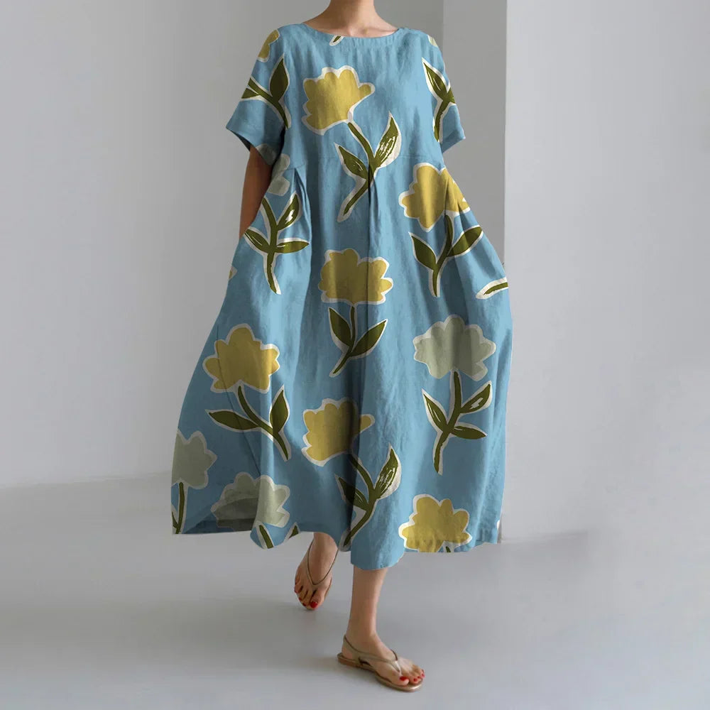 Fashion Floral Printed Short Sleeve Dinner Floral Dress green1 / S oldfloraldress-250126